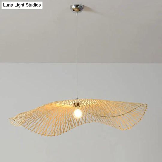 Lotus Leaf Ceiling Light - Asian Style Bamboo Hanging Fixture For Restaurants Wood Bulb Pendant