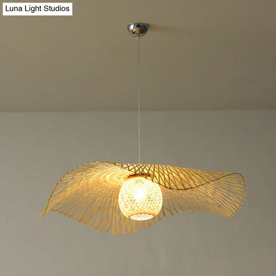 Lotus Leaf Ceiling Light - Asian Style Bamboo Hanging Fixture For Restaurants Wood Bulb Pendant