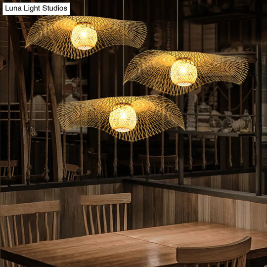 Lotus Leaf Ceiling Light - Asian Style Bamboo Hanging Fixture For Restaurants Wood Bulb Pendant