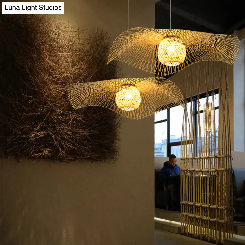 Lotus Leaf Ceiling Light - Asian Style Bamboo Hanging Fixture For Restaurants Wood Bulb Pendant