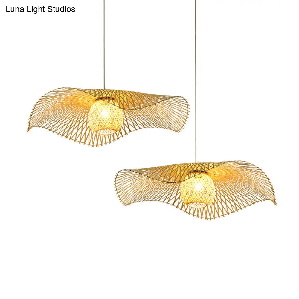 Lotus Leaf Ceiling Light - Asian Style Bamboo Hanging Fixture For Restaurants Wood Bulb Pendant