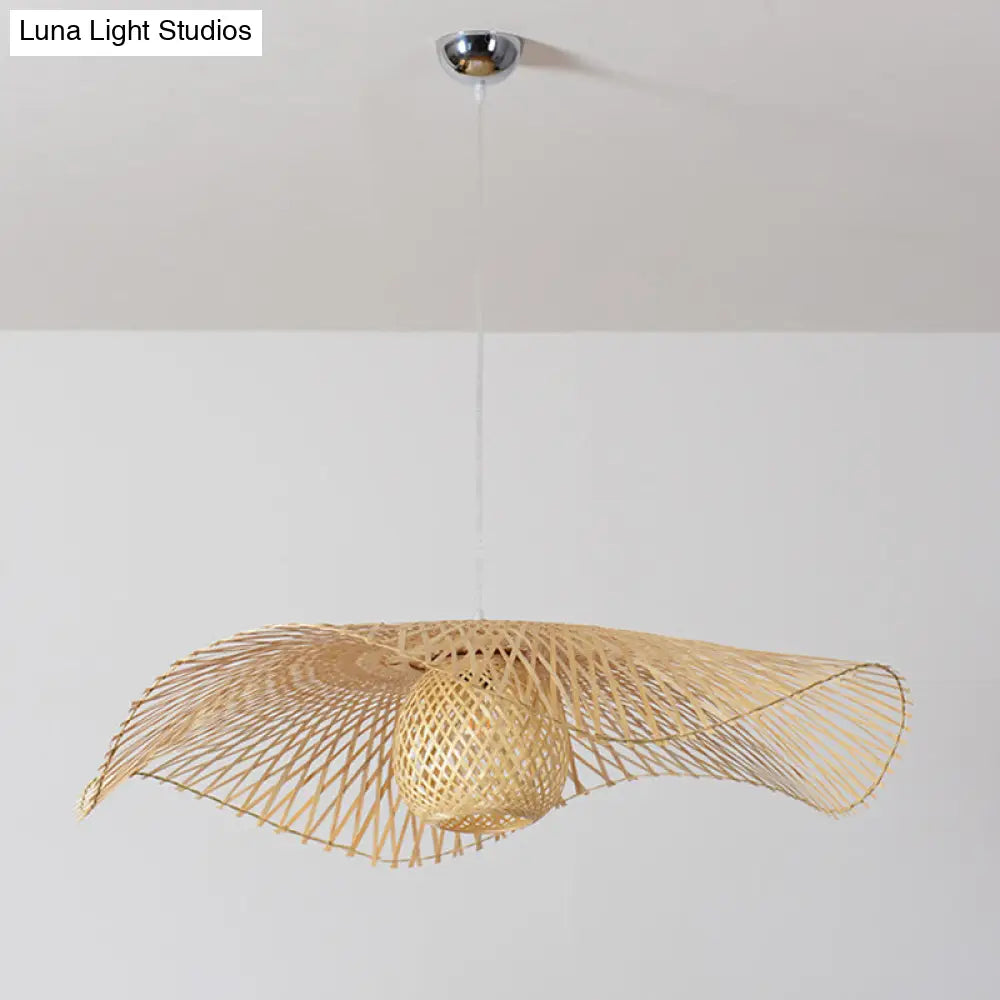 Lotus Leaf Ceiling Light - Asian Style Bamboo Hanging Fixture For Restaurants Wood Bulb Pendant