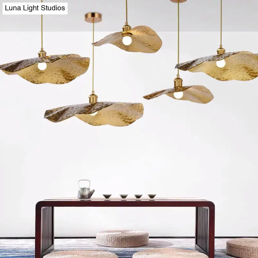 Lotus Leaf Metal Pendant Lamp - 1 Light Brass Ceiling Fixture For Dining Room