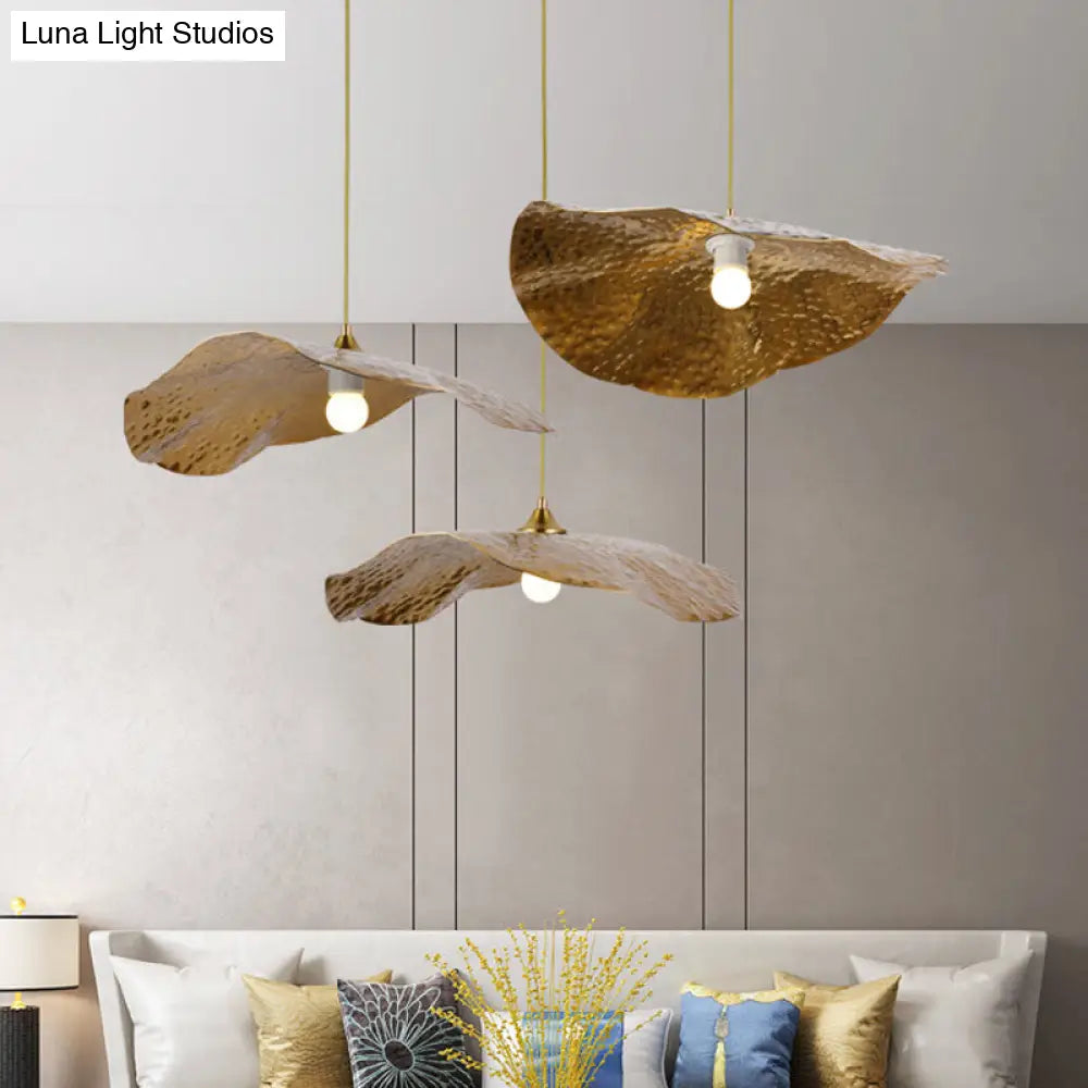 Lotus Leaf Metal Pendant Lamp - 1 Light Brass Ceiling Fixture For Dining Room