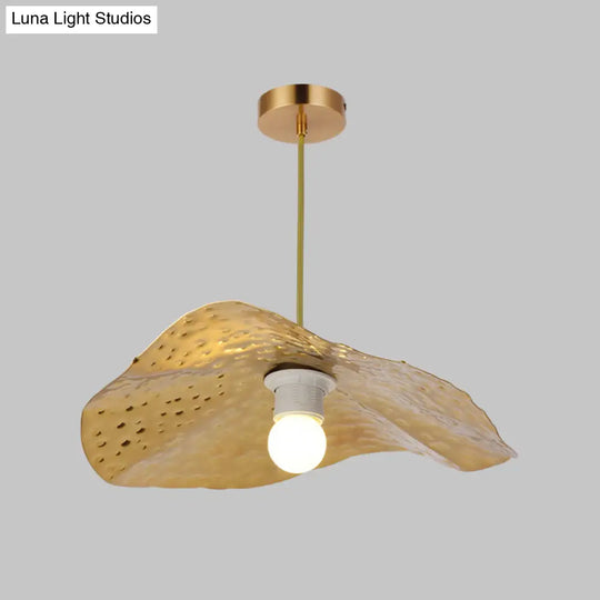 Lotus Leaf Metal Pendant Lamp - 1 Light Brass Ceiling Fixture For Dining Room