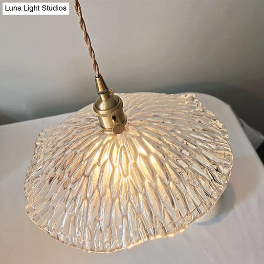 Lotus Leaf Pendant Lamp: Farmhouse Brass Clear Carved Glass Hanging Light