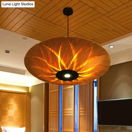 Lotus Leaf Shaped Wood Veneer Ceiling Light - South-East Asian 1 Head Pendant