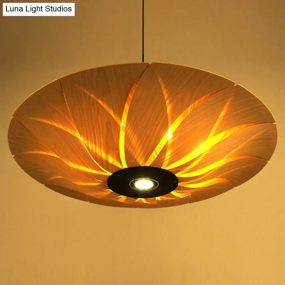 Lotus Leaf Shaped Wood Veneer Ceiling Light - South-East Asian 1 Head Pendant