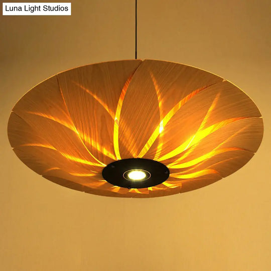 Lotus Leaf Shaped Wood Veneer Ceiling Light - South-East Asian 1 Head Pendant