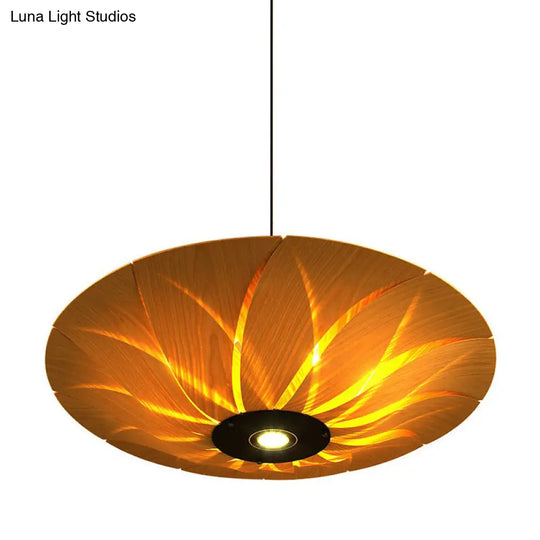 Lotus Leaf Shaped Wood Veneer Ceiling Light - South-East Asian 1 Head Pendant