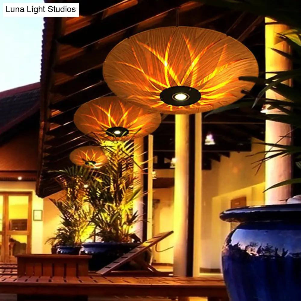 Lotus Leaf Shaped Wood Veneer Ceiling Light - South-East Asian 1 Head Pendant