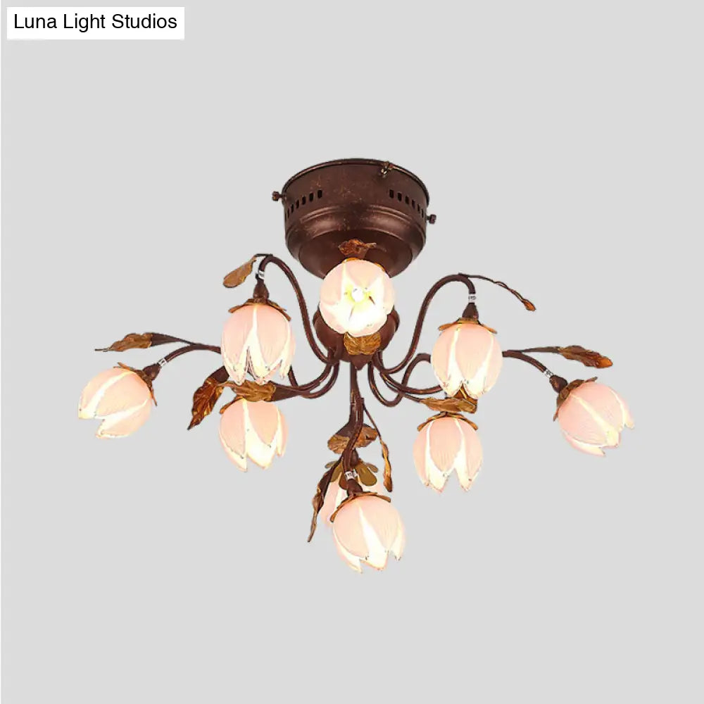 Lotus Metal Ceiling Lamp - 9 - Bulb Semi Flush Mount In Dark Brown Perfect For Living Rooms And