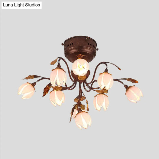 Lotus Metal Ceiling Lamp - 9 - Bulb Semi Flush Mount In Dark Brown Perfect For Living Rooms And