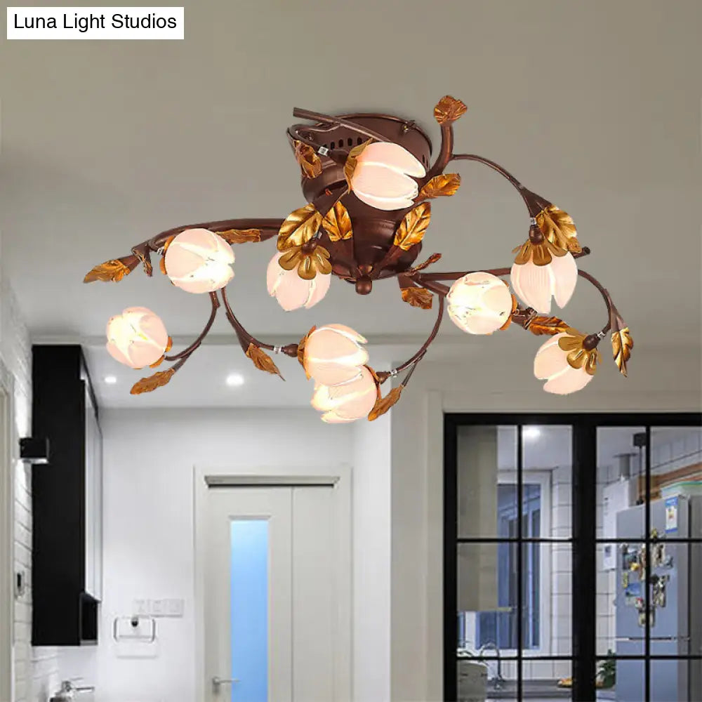 Lotus Metal Ceiling Lamp - 9 - Bulb Semi Flush Mount In Dark Brown Perfect For Living Rooms And