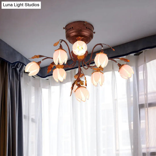 Lotus Metal Ceiling Lamp - 9-Bulb Semi Flush Mount In Dark Brown Perfect For Living Rooms And