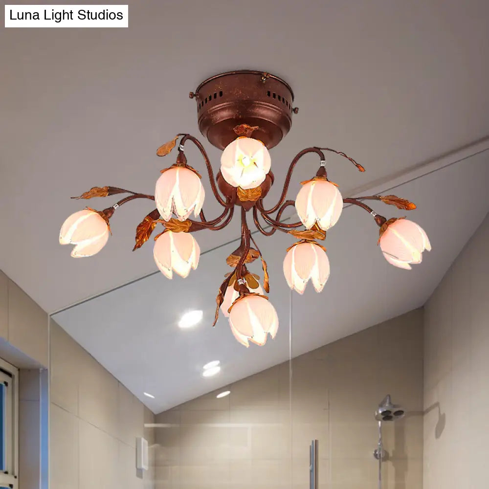 Lotus Metal Ceiling Lamp - 9 - Bulb Semi Flush Mount In Dark Brown Perfect For Living Rooms And