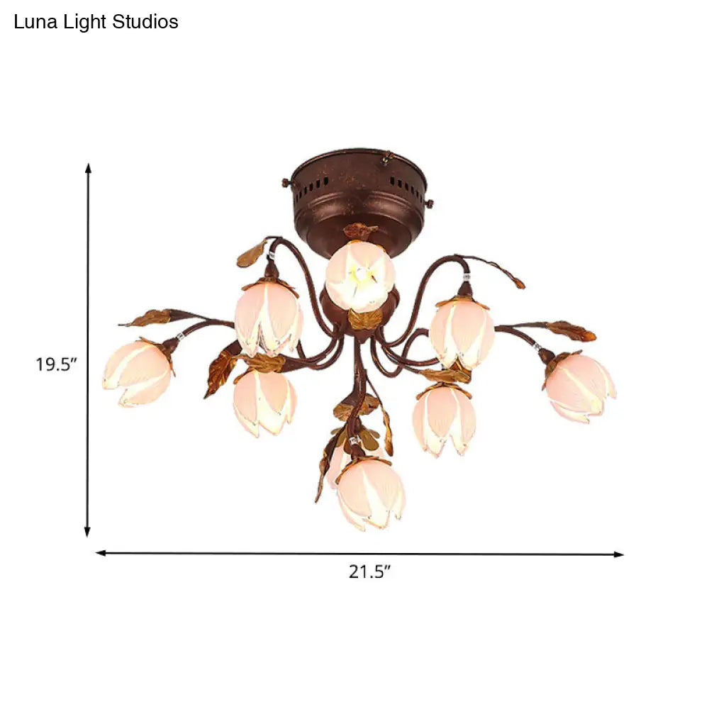 Lotus Metal Ceiling Lamp - 9-Bulb Semi Flush Mount In Dark Brown Perfect For Living Rooms And