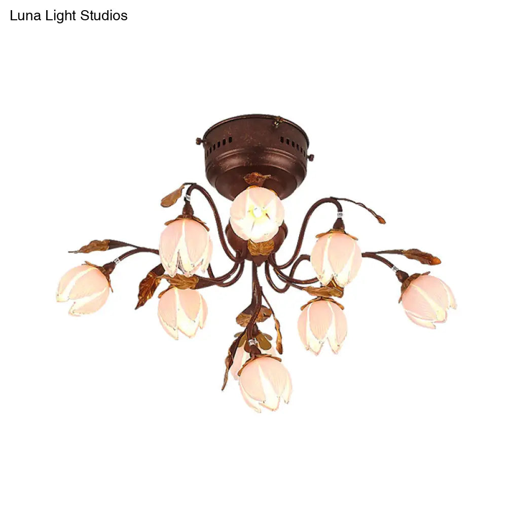 Lotus Metal Ceiling Lamp - 9 - Bulb Semi Flush Mount In Dark Brown Perfect For Living Rooms And