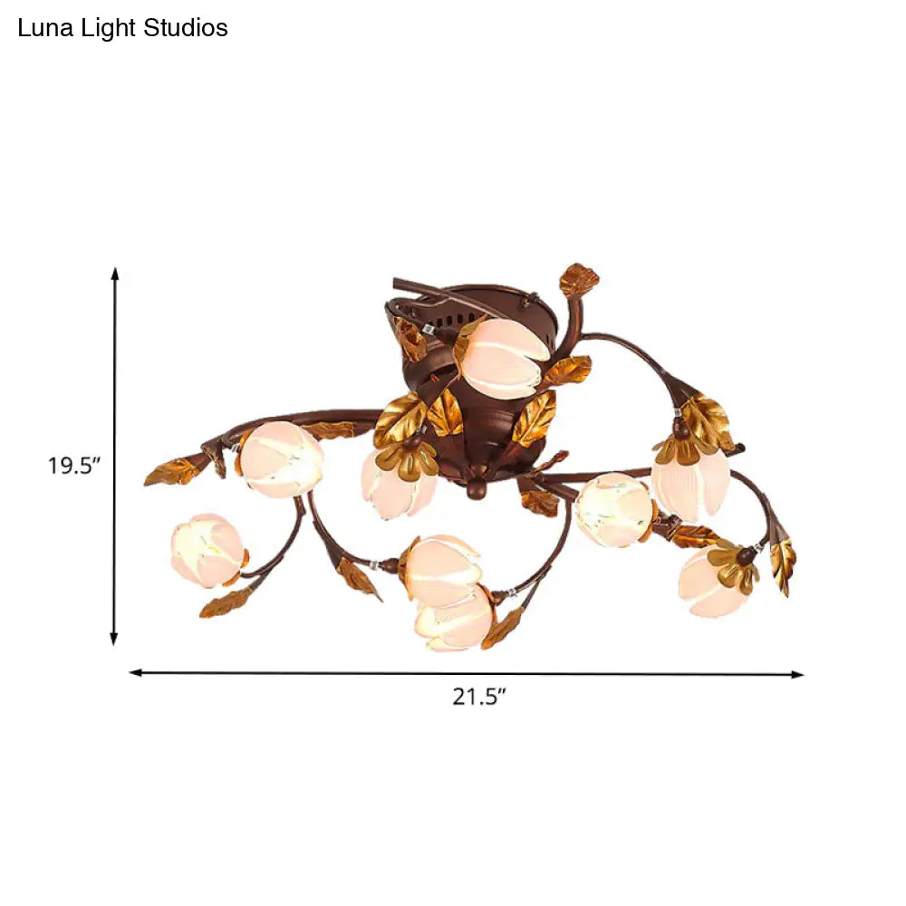 Lotus Metal Ceiling Lamp - 9 - Bulb Semi Flush Mount In Dark Brown Perfect For Living Rooms And