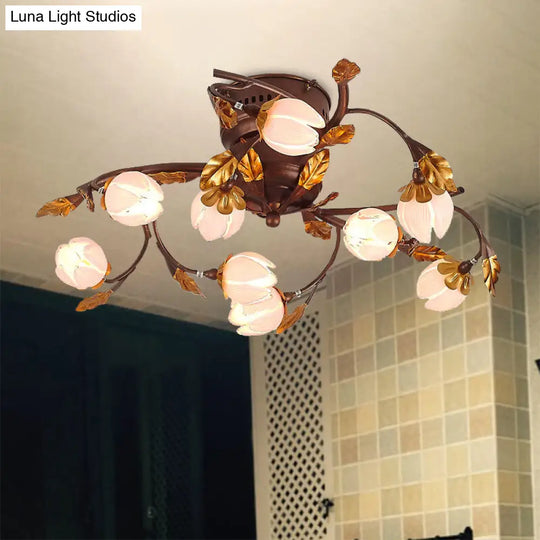 Lotus Metal Ceiling Lamp - 9-Bulb Semi Flush Mount In Dark Brown Perfect For Living Rooms And