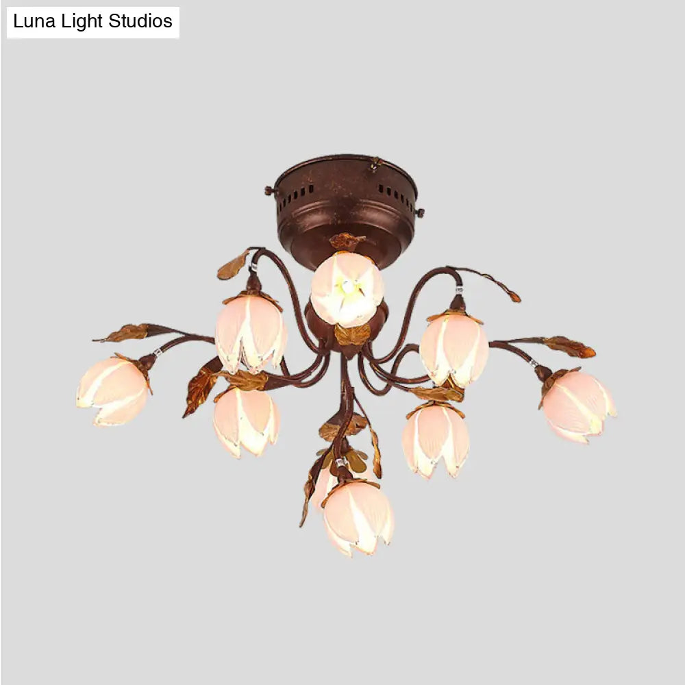 Lotus Metal Ceiling Lamp - 9-Bulb Semi Flush Mount In Dark Brown Perfect For Living Rooms And