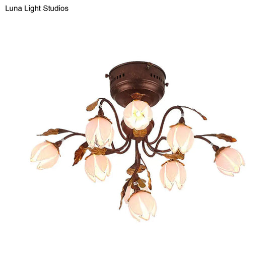 Lotus Metal Ceiling Lamp - 9-Bulb Semi Flush Mount In Dark Brown Perfect For Living Rooms And