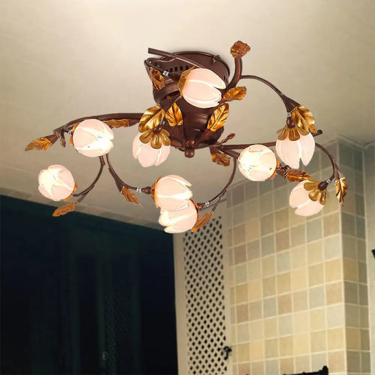 Lotus Metal Ceiling Lamp - 9 - Bulb Semi Flush Mount In Dark Brown Perfect For Living Rooms And