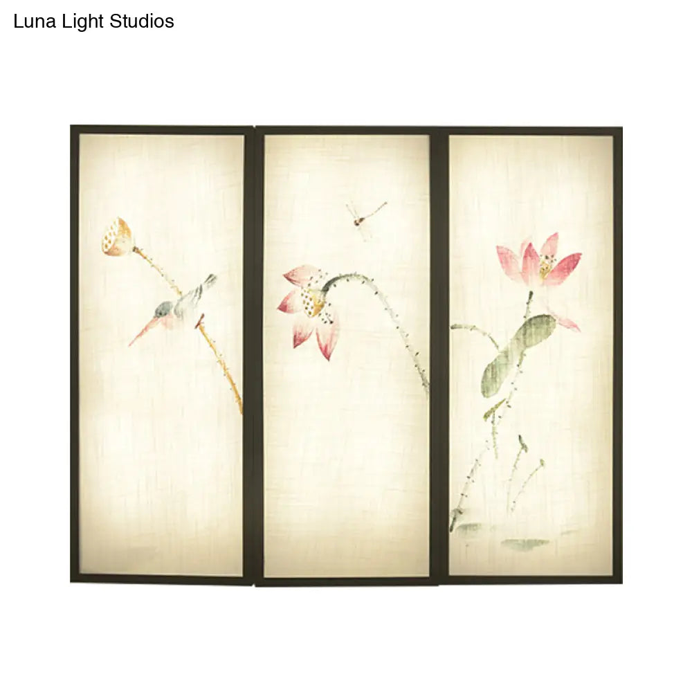 Lotus Pattern Led Fabric Wall Mount Lamp: Black Panel Rectangular Mural Lamp Inspired By Asia