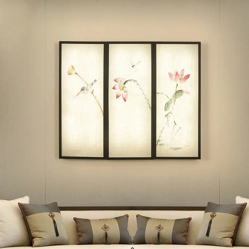 Lotus Pattern Led Fabric Wall Mount Lamp: Black Panel Rectangular Mural Lamp Inspired By Asia