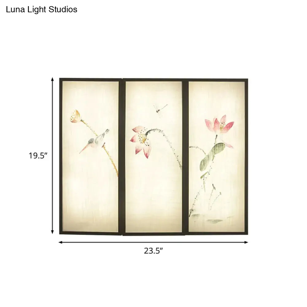 Lotus Pattern Led Fabric Wall Mount Lamp: Black Panel Rectangular Mural Lamp Inspired By Asia