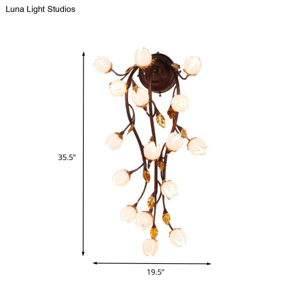 Lotus Pink Glass Led Wall Sconce In Black - Elegant 16-Bulb Lighting Fixture For Pastoral Living