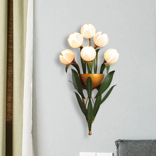 Lotus Pink Glass Wall Sconce With 6 Brass Lights - Perfect Bedroom Lighting