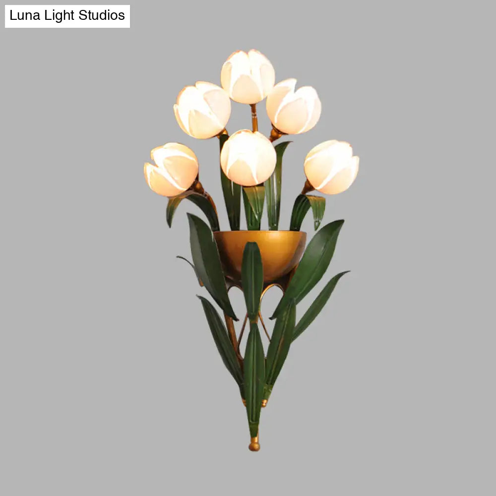 Lotus Pink Glass Wall Sconce With 6 Brass Lights - Perfect Bedroom Lighting