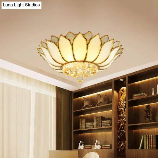 Lotus Semi-Mount Brass Ceiling Light With Frosted Glass And Crystal Droplets - Perfect For Rural