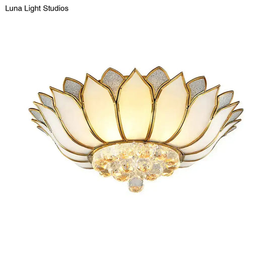 Lotus Semi-Mount Brass Ceiling Light With Frosted Glass And Crystal Droplets - Perfect For Rural