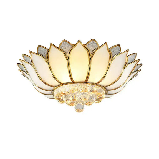 Lotus Semi-Mount Brass Ceiling Light With Frosted Glass And Crystal Droplets - Perfect For Rural