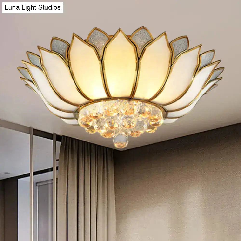 Lotus Semi-Mount Brass Ceiling Light With Frosted Glass And Crystal Droplets - Perfect For Rural