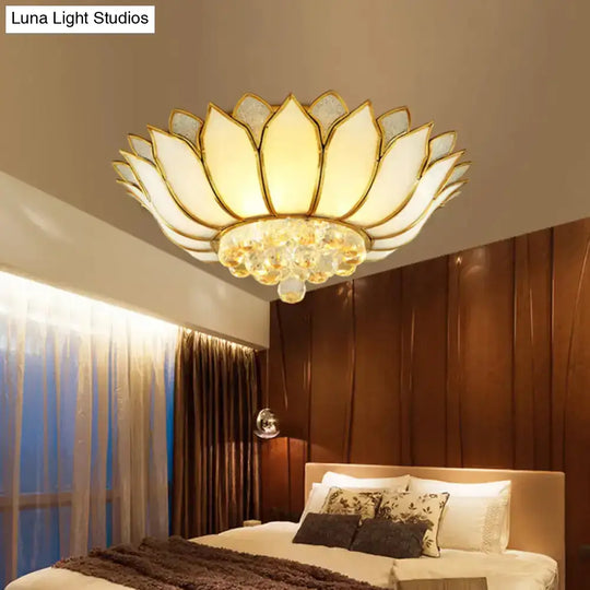 Lotus Semi-Mount Brass Ceiling Light With Frosted Glass And Crystal Droplets - Perfect For Rural