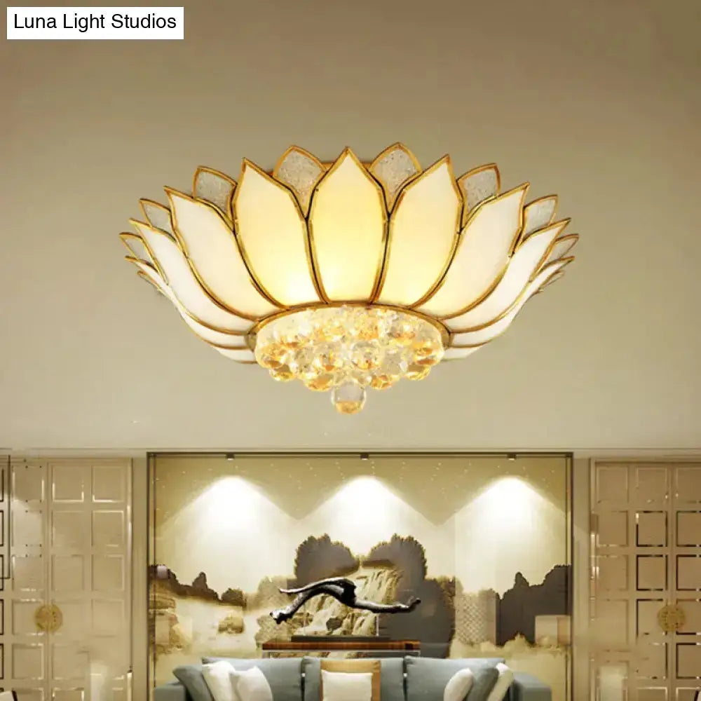 Lotus Semi-Mount Brass Ceiling Light With Frosted Glass And Crystal Droplets - Perfect For Rural