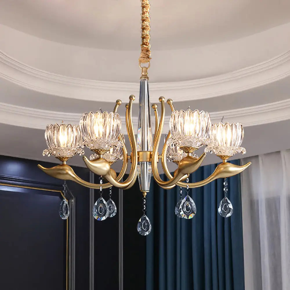 Lotus Shade Pendulum Chandelier - 6-Light Traditional Gold Finish Clear Crystal Pendant