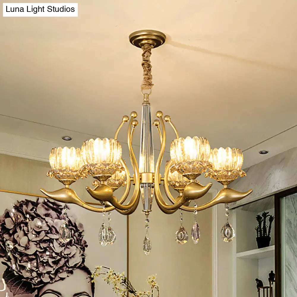 Lotus Shade Pendulum Chandelier - 6-Light Traditional Gold Finish Clear Crystal Pendant