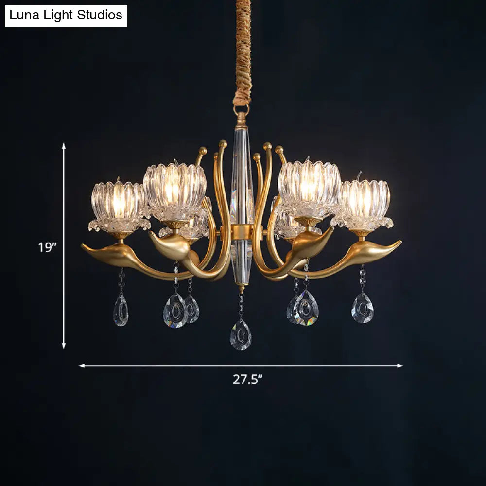 Lotus Shade 6-Light Pendulum Chandelier - Traditional Gold Finish With Clear Crystal Pendant