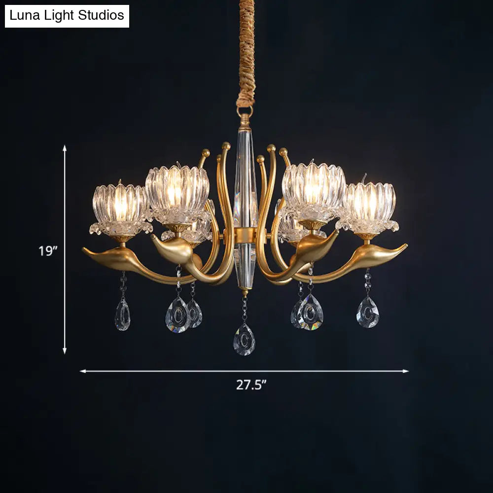 Lotus Shade Pendulum Chandelier - 6-Light Traditional Gold Finish Clear Crystal Pendant