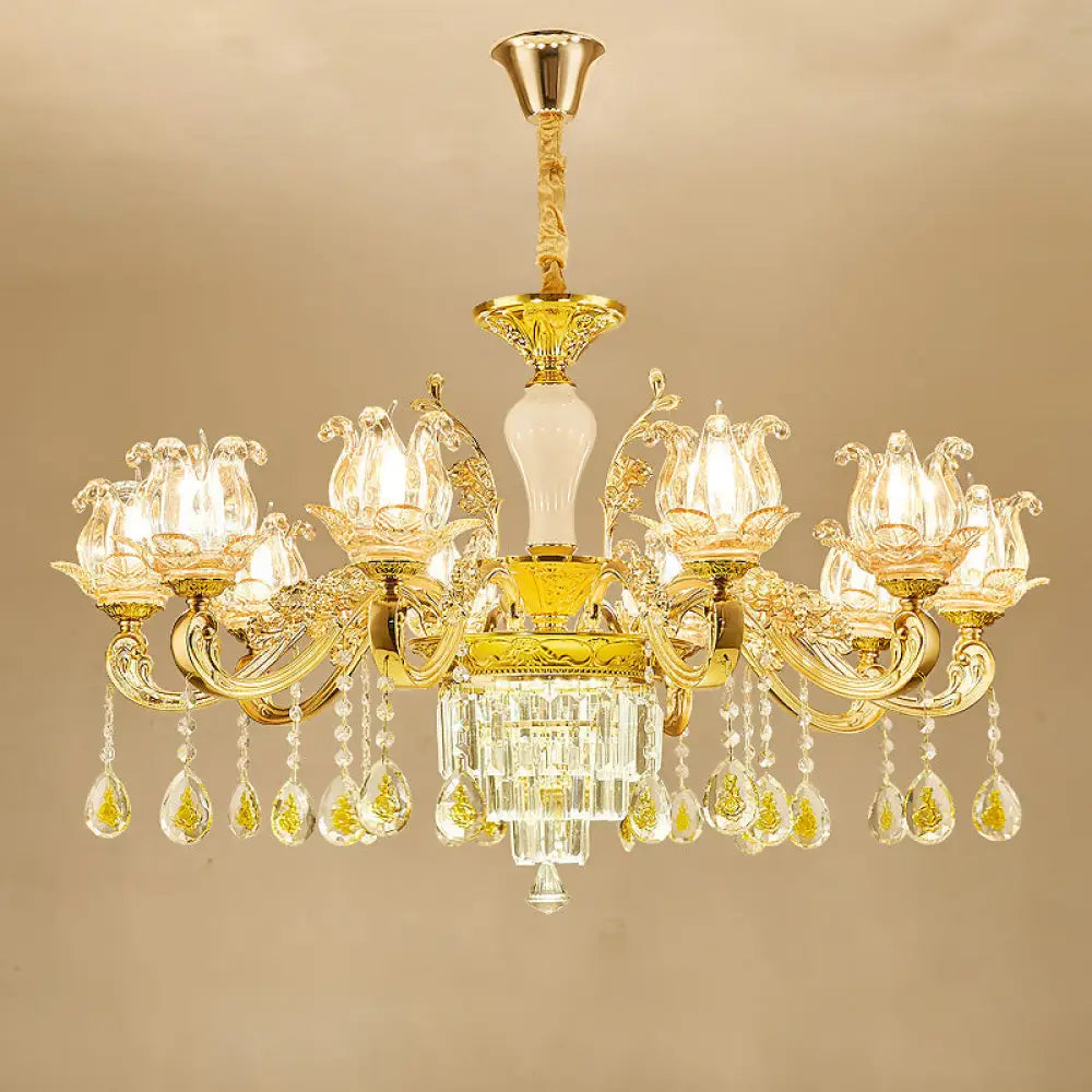 Lotus Shaped Glass Hanging Lamp: Traditional Bedroom Chandelier With Crystal Accents In Gold 10 /