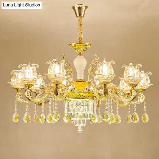 Lotus Shaped Glass Hanging Lamp: Traditional Bedroom Chandelier With Crystal Accents In Gold