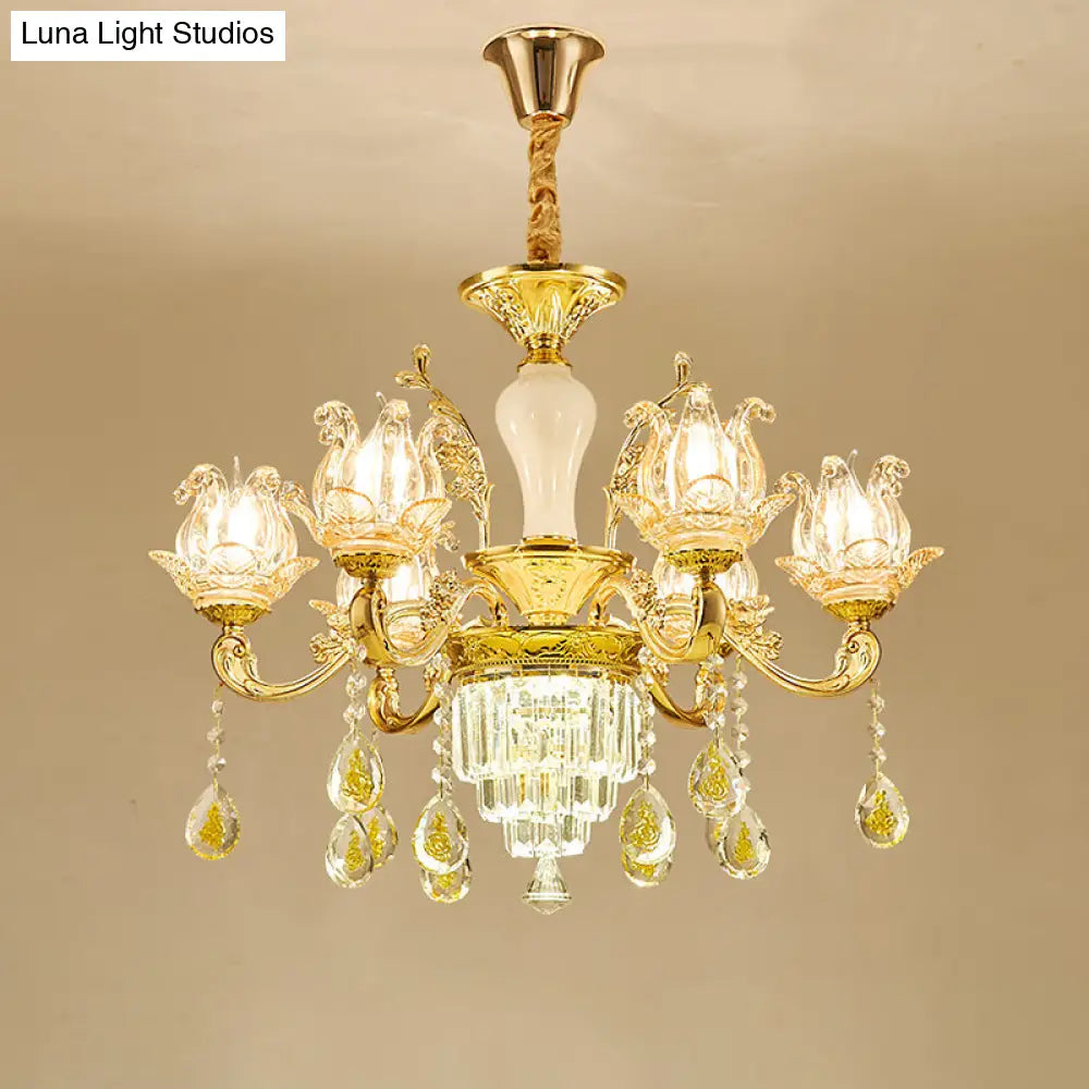 Lotus Shaped Glass Hanging Lamp: Traditional Bedroom Chandelier With Crystal Accents In Gold