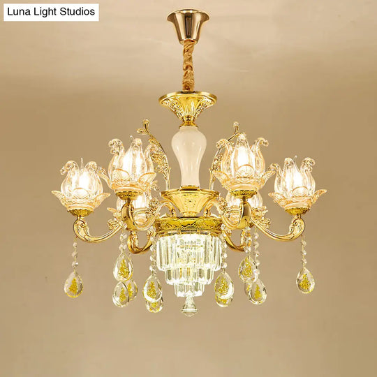 Lotus Shaped Glass Hanging Lamp: Traditional Bedroom Chandelier With Crystal Accents In Gold