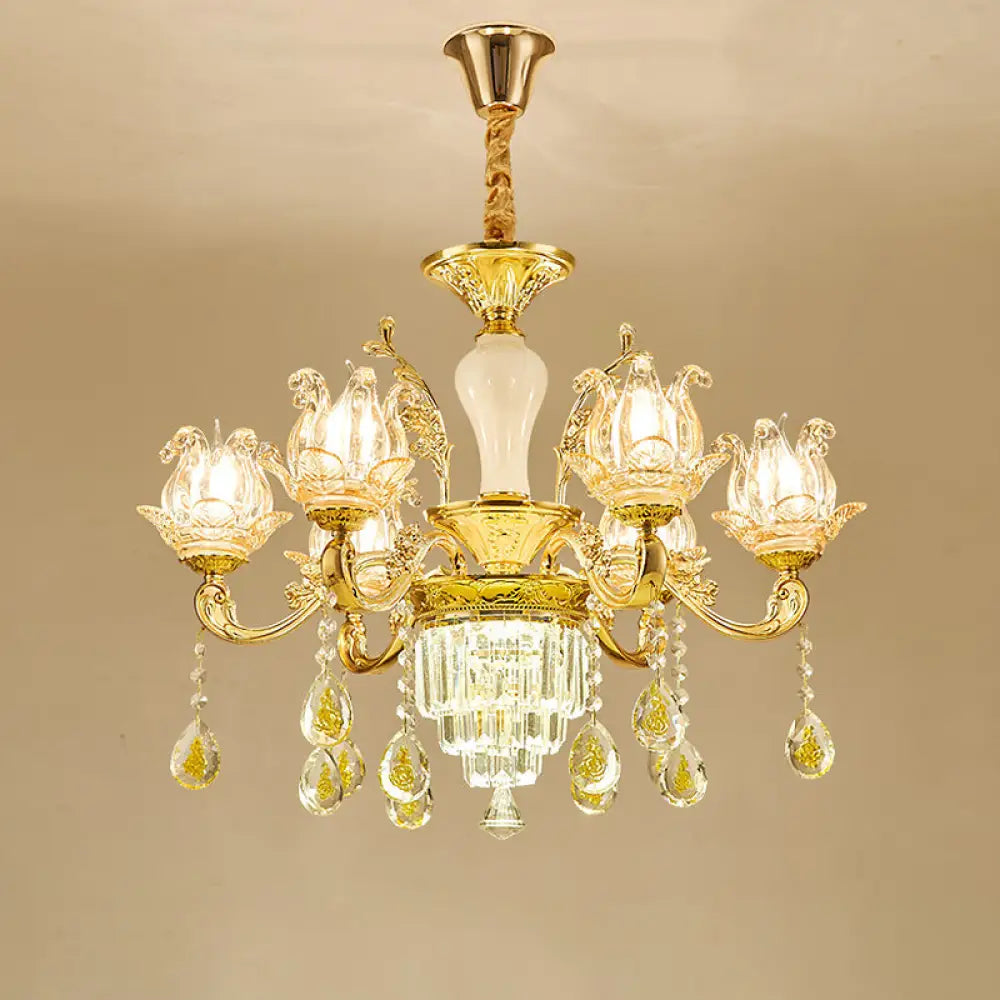 Lotus Shaped Glass Hanging Lamp: Traditional Bedroom Chandelier With Crystal Accents In Gold 6 /