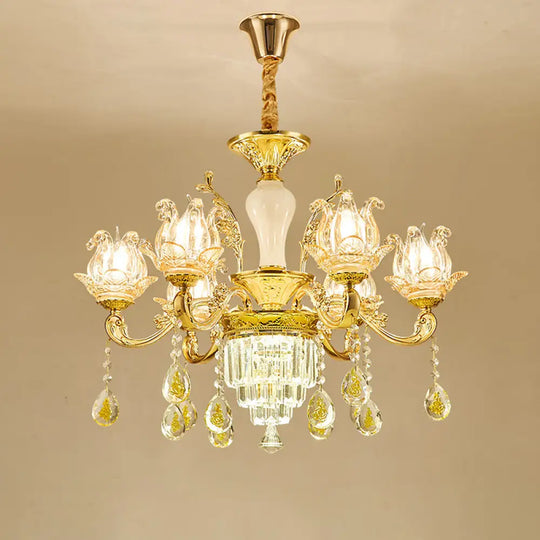 Lotus Shaped Glass Hanging Lamp: Traditional Bedroom Chandelier With Crystal Accents In Gold 6 /