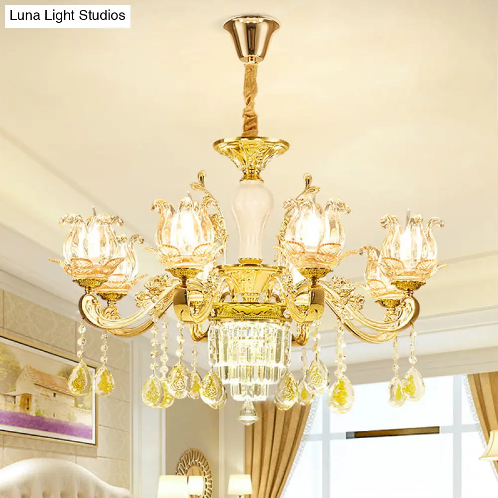 Lotus Shaped Glass Hanging Lamp: Traditional Bedroom Chandelier With Crystal Accents In Gold